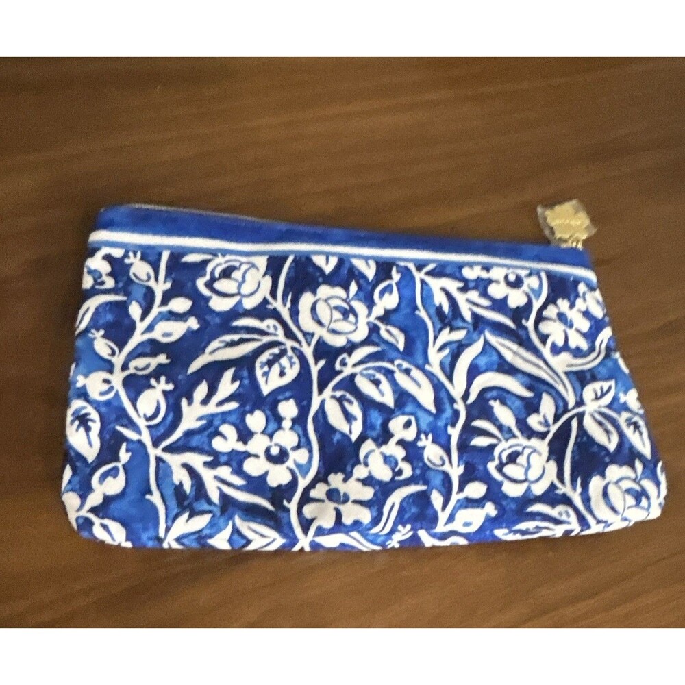 Estée Lauder Blue & White Floral Makeup Bag Zipper Pouch 10x6 in Gold